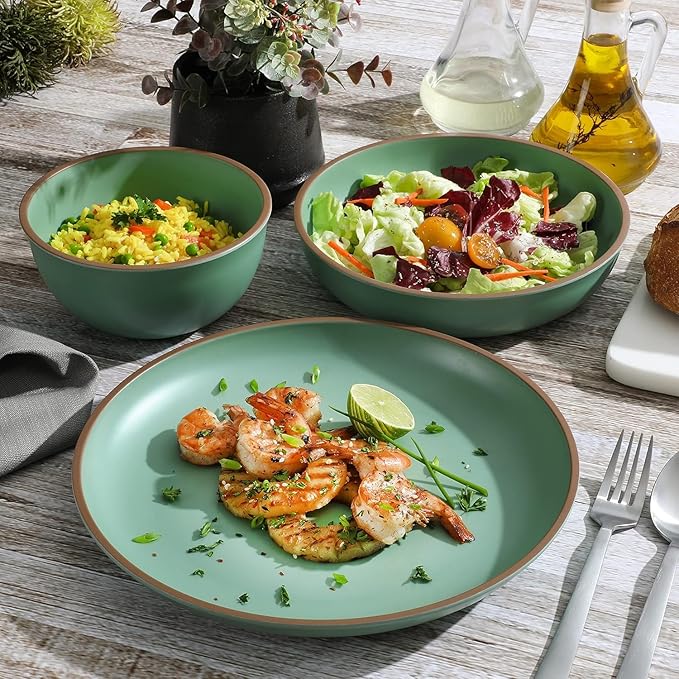 12-Piece Melamine Dinnerware Set – Double Bowl Lightweight Shatter-Resistant Plates and Bowls with Matte Finish – Dishwasher Safe Outdoor and Everyday Dining Set (Green)