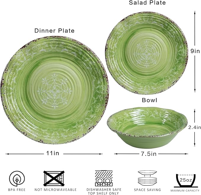 LEHAHA Melamine Dishes Unbreakable Dinnerware Sets 12 Piece Farmhouse Rustic Swirl Plates and Bowls Set for Outdoor Picnic RV Camping &amp Everyday Use Service for 4 Green