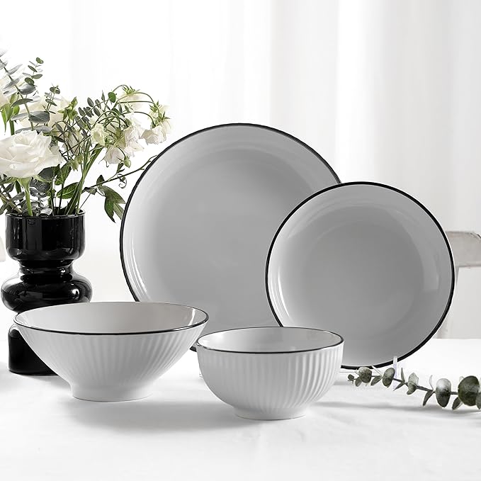 Christian Siriano Lustra Modern 16-Piece Stoneware Dinnerware Set Plates and Bowls Set Dinner and Salad Plates Ramen Bowls Dishes for 4 White