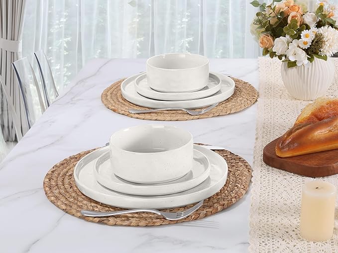 LIANYU Dinnerware Dinner Sets for 6 18 Piece Ceramic Plates and Bowls Dish Set Kitchen Speckled Dining Tableware Dishware Microwave &amp Dishwasher Safe Polar White