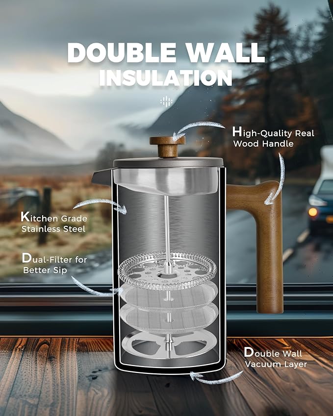 POLIVIAR French Press Coffee Maker 34 Ounce Coffee Press with Real Wood Handle Double Wall Insulation &amp Dual-Filter Screen Food Grade Stainless Steel for Good Coffee and Tea (Cliff)