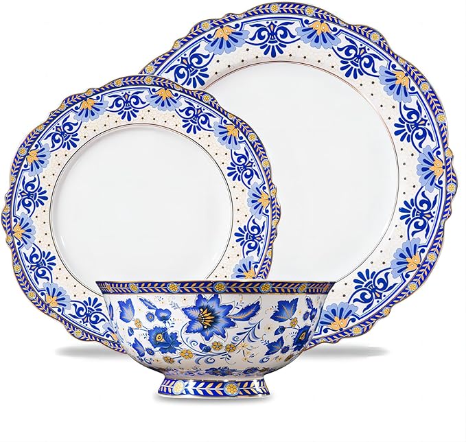 ACMLIFE 12-Piece Bone China Dinnerware Set Blue and White Vintage Floral Dinnerware Set Service for 4 Lightweight Plates and Bowls Set with Gift Box (Blue-B)