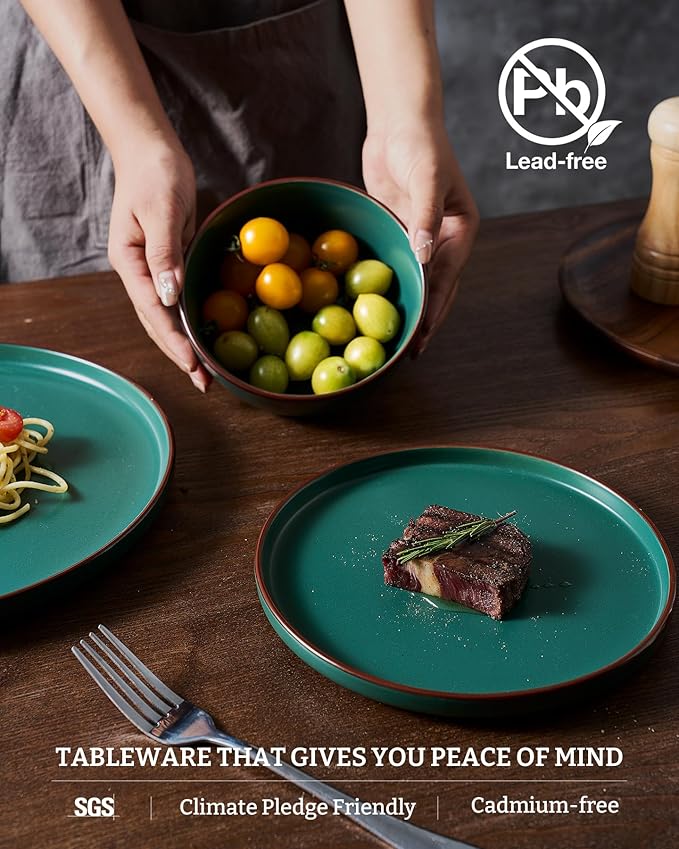 Famiware Mercury Plates and Bowls Sets 18 Pieces Stoneware Dinnerware Sets Dishes Set for 6 Microwave and Dishwasher Safe Dark Green