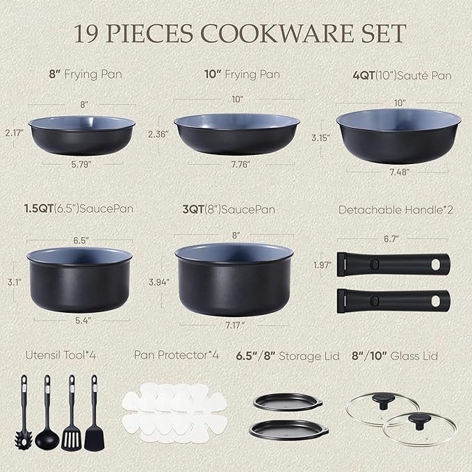 CAROTE 19PCS Ceramic Cookware Sets Black and Gray Pots and Pans Set Non Stick Non Toxic Induction Cookware Kitchen Cookware Sets Pots Set for Healthy Cooking