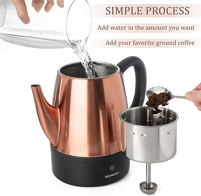 Mixpresso 4 Cup Percolator Coffee Pot Electric Copper Stainless Steel Coffee Percolator Electric With Keep Warm Function Classic Perculator Pot With Removable Basket for Home or Office