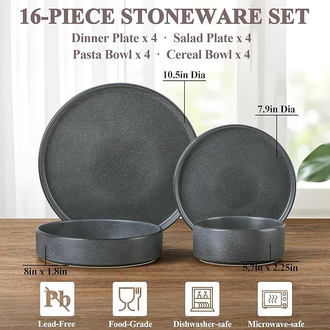Herogo 16 Piece Plates and Bowls Set Ceramic Dinnerware Sets with Pasta Bowls Kitchen Dinner Ware Dishes Service for 4 Chip &amp Scratch Resistant Dishware Dark Gray