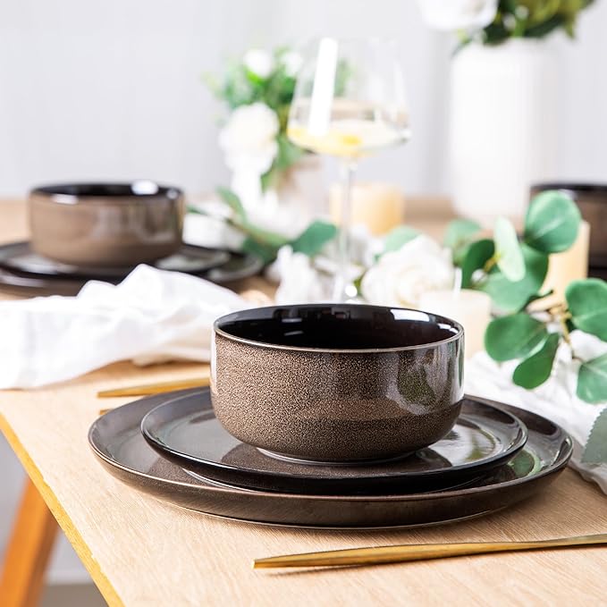 LeRatio Ceramic Dinnerware Sets for 6Poreclain Plates and Bowls SetsHandmade Reactive Glaze Dishes SetChip Resistant and Scratch Resistant | Oven&ampDishwasher &amp Microwave Safe-Chestnut(18PCS)