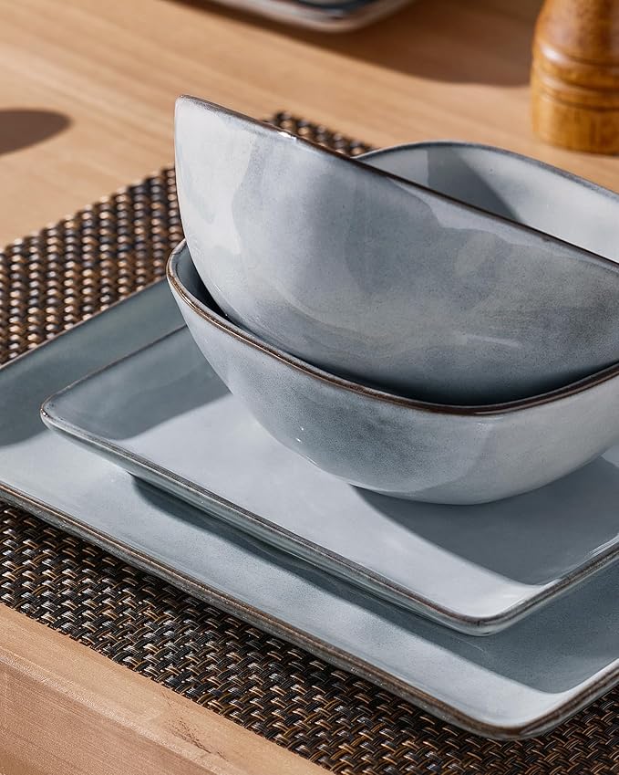 Famiware Dinnerware Sets for 8 Ocean Square 24-Piece Kitchen Plates and Bowls Sets Microwave and Dishwasher Safe Scratch Resistant Grey