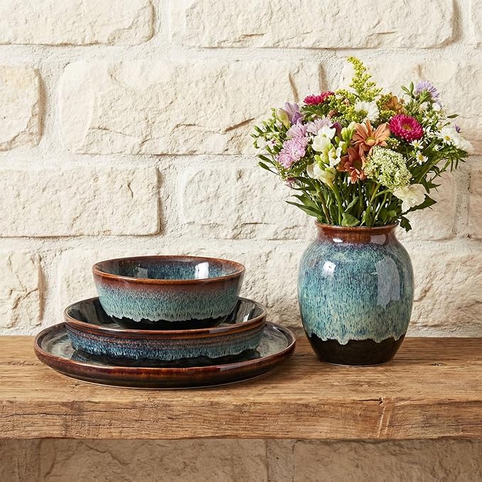 Dinner Set 12 Pieces - Round Reactive Glaze Tableware - Kitchen Dinnerware Porcelain Crockery with Dinner Plate Bowl and Soup Plate Service for 4 Microwave Dishwasher Safe Set (No.4)