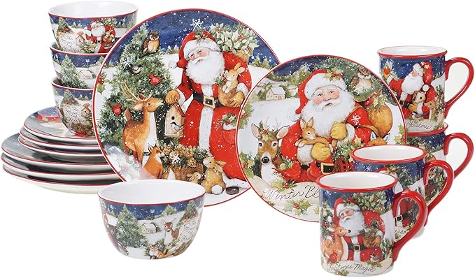 Magic of Christmas 16pc Ceramic Dinnerware Set – Santa and Woodland Animals Holiday Plates Bowls &amp Mugs Dishwasher &amp Microwave Safe Festive Christmas Tableware