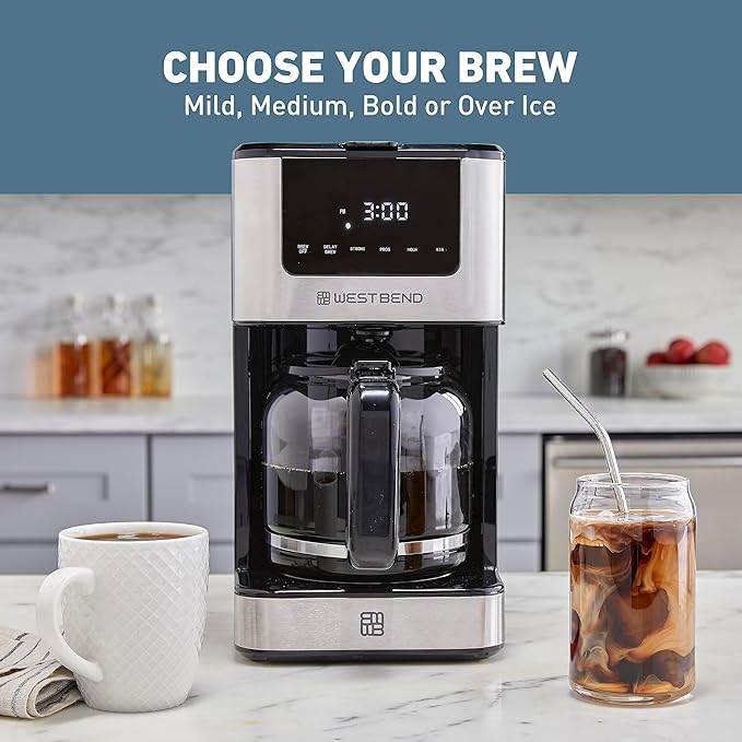 West Bend Drip Coffee Maker Brews Hot or Iced Programmable with Brew Strength Selector Auto Shut-Off and 6 Functions Permanent Mesh Filter and Glass Carafe 12-Cup Metallic