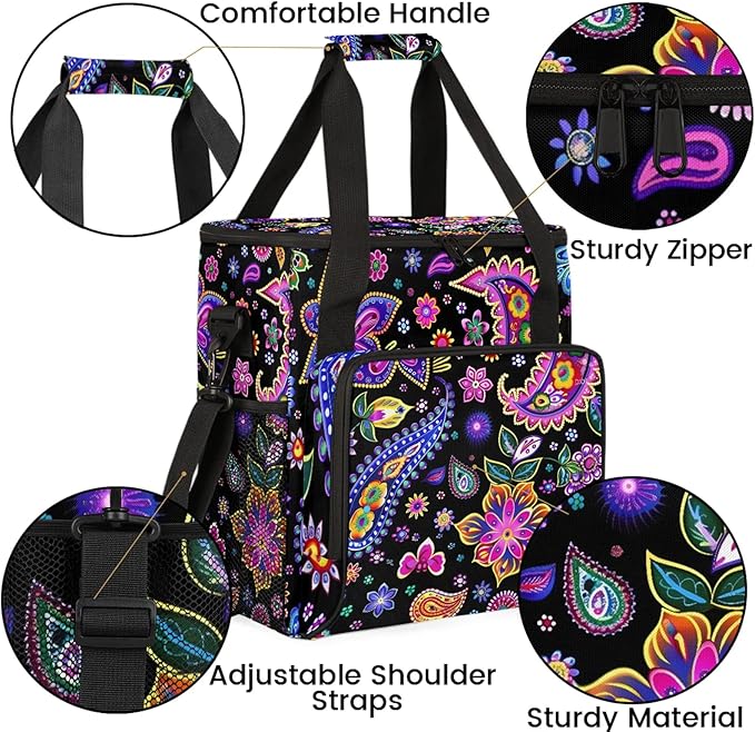 Paisley Floral Boho Travel Coffee Maker Carrying Bag Large Organizer Storage Tote Bag Insulated Reusable Cooler Grocery Bags