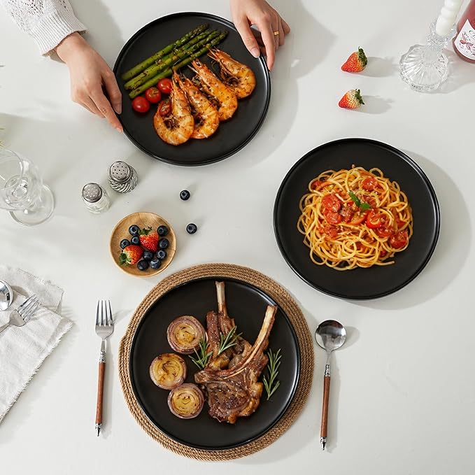 12 Piece Dinnerware Set Modern Minimalist Stoneware Plates and Bowls Sets Modern Dinner Plate Salad Plate Cereal Bowl Dish Set for 4 Microwave and Dishwasher Safe Matte Black