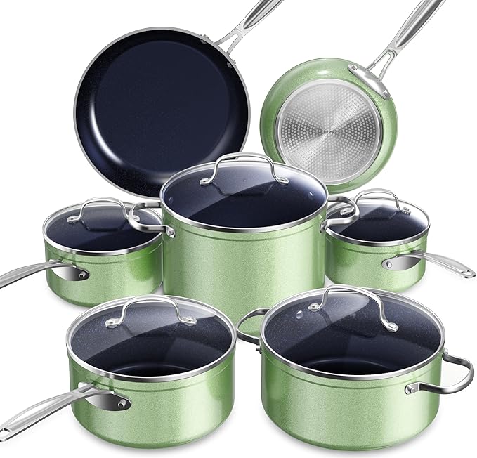 Nuwave Healthy Duralon Blue Ceramic Nonstick Cookware Set Diamond Infused Scratch-Resistant PFAS Free Dishwasher &amp Oven Safe Induction Ready &amp Evenly Heats Tempered Glass Lids &amp Stay-