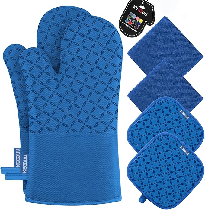 KEGOUU Oven Mitts and Pot Holders 6pcs Set Kitchen Oven Glove High Heat Resistant 500 Degree Extra Long Oven Mitts and Potholder with Non-Slip Silicone Surface for Cooking (Royal Blue)