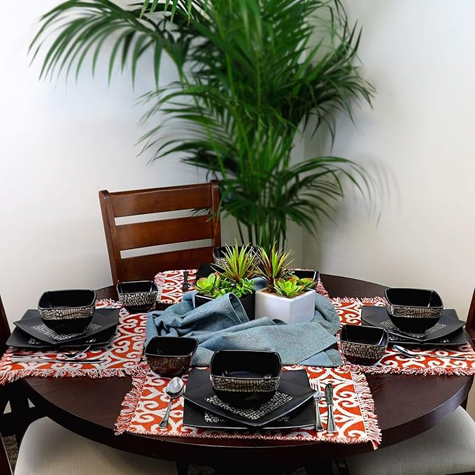 Unknown1 Geo 16 Piece Double Bowl Stoneware Dinnerware Set Brown Geometric Casual Square Microwave Safe Medium