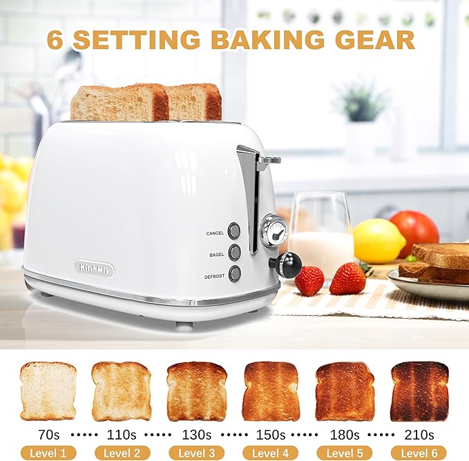 Toaster 2 sliceRetro Stainless Steel Toaster with 6 Settings 1.5 In Extra Wide Slots Bagel/Defrost/Cancel Function Removable Crumb Tray (White)