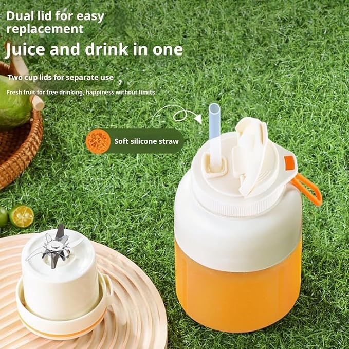 Mini electric juicer with straw and two lids portable personal blender suitable for making smoothies milkshakes food preparation and frozen blending(White)