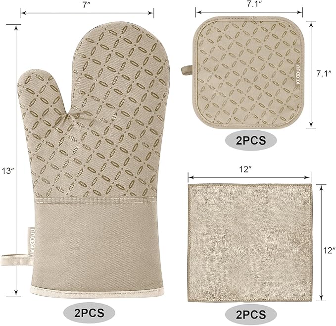 KEGOUU Oven Mitts and Pot Holders 6pcs Set Kitchen Oven Glove High Heat Resistant 500 Degree Extra Long Oven Mitts and Potholder with Non-Slip Silicone Surface for Cooking (Almond)
