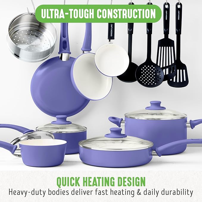 GreenLife 16 Piece Nonstick Cookware Set Soft Grip Non-Toxic PFAS-Free Ceramic Pots &amp Pans Dishwasher &amp Oven Safe Frying Sauce Utensils Glass Lids Stay-Cool Handles Wobble Free Periwi
