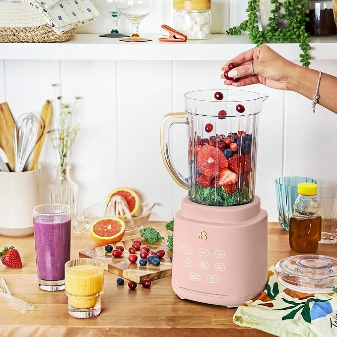 B PowerExact High-Performance 700-Watt Blender by Drew Barrymore 50-Ounce Pitcher Stainless 4-Tip Blade 3 Speeds + 4 Presets Dishwasher-Safe Parts Travel Cup Included (Rose)