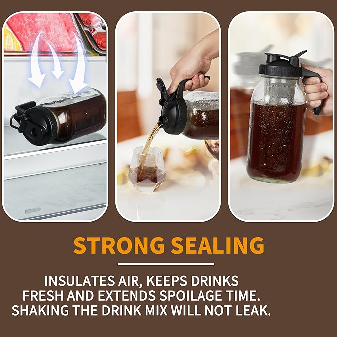 PIZVOXCold Brew Coffee Maker Pitcher 32 oz Thick Glass Mason Jar Spout Lid with Handle &amp Stainless Steel Filter for Iced Brew Coffee Ice Lemonade Sun Tea Fruit Drinks Container