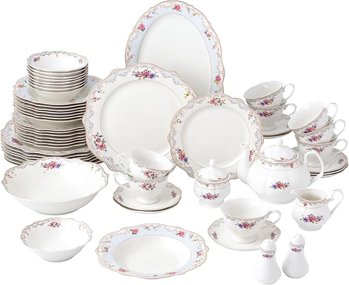 Joseph Sedgh Collection Romantic Bloom 57-Piece Bone China Dinnerware Set Service for 8 Floral with Blue and Gold Trim
