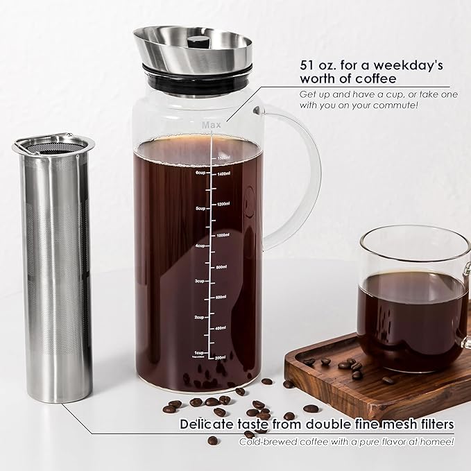 Aquach Cold Brew Coffee Iced Tea Maker &amp Fruit Pitcher - Large Capacity 51 Ounces - with Durable Glass Carafe/Fine Mesh Steel Infuser/Airtight Lid