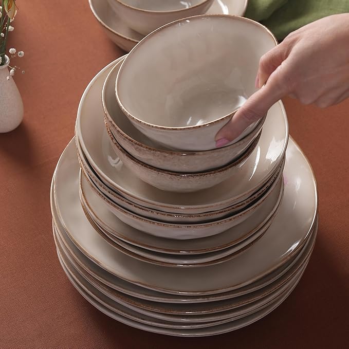 Karaca Aria Reactive Stoneware Plates &amp Bowls Sets - Ceramic Dinnerware Sets for 6 24 Piece Microwave Safe Dish Set incl. Dinner Plate Set with Pasta Bowls Side Plates and Cereal Bowl - Beige