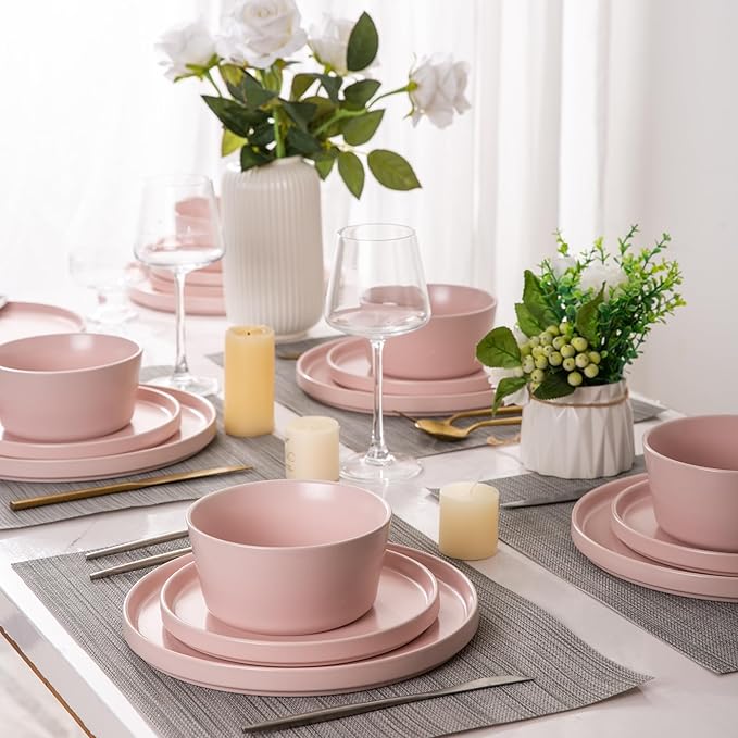 AmorArc Ceramic Dinnerware Sets of 4 Modern Flat Stoneware Plates and Bowls SetsChip and Crack Resistant | Dishwasher &amp Microwave Safe Dishes SetScratch Resistant- Service for 4 (12pc)-Matte Pi
