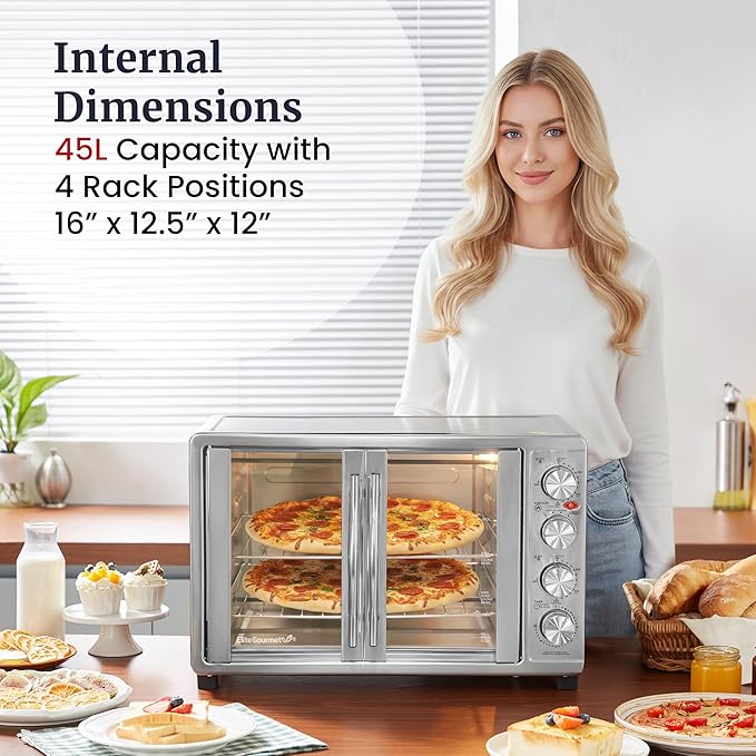 Elite Gourmet ETO-4510M French Door 47.5Qt 18-Slice Convection Oven 4-Control Knobs Bake Broil Toast Rotisserie Keep Warm Includes 2 x 12 Pizza Racks Stainless Steel