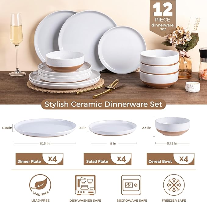 AmorArc Ceramic Dinnerware Sets for 4 12 Pieces Handpainted Plates and Bowls Set with Rustic Terracotta Underside Scratch Resistant Stoneware Dishes Set Dishwasher &amp Microwave Safe White