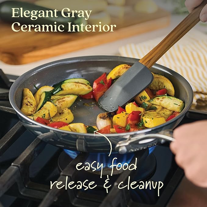 Anolon EverLast Ceramic Nonstick Frying Pans/Skillets Clad Induction 3 Piece Set 8.5 Inch 10 Inch and 12.25 Inch Open Fry Pans - Stainless Steel