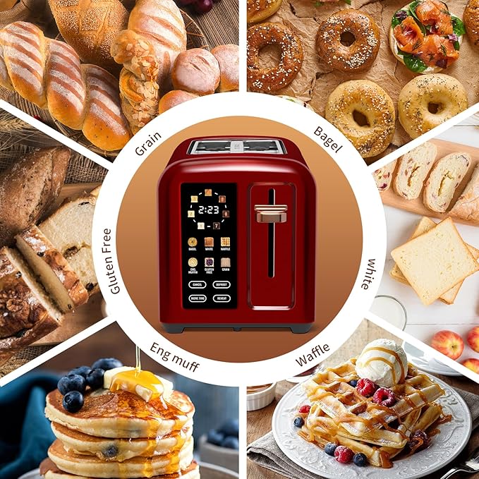SEEDEEM Toaster 2 Slice Touch Control Stainless Toaster LCD Display 50% Faster Heating Speed 1.4'' Wide Slots More Timer Functions Removable Crumb Tray 1350W Dark Cherry