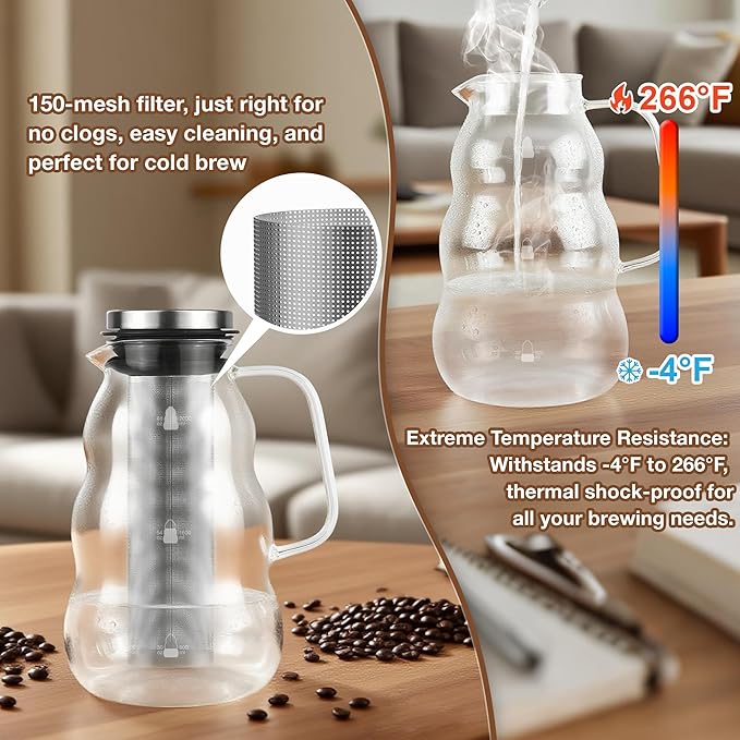 TRINIDa Cold Brew Pitcher 2000ml/67oz High Borosilicate Glass -4°F to 266°F Stainless Steel 150 Mesh Easy Clean Family Size Glass Pitcher Ideal coffee gifts Cold Brew Coffee Maker