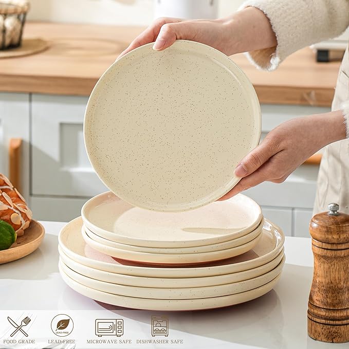 GZG Ceramic Dinner Salad Plates Set of 4 8 Inch Speckled Dinnerware Dessert Plates with Clay-Tone Base Microwave Oven Dishwasher Safe