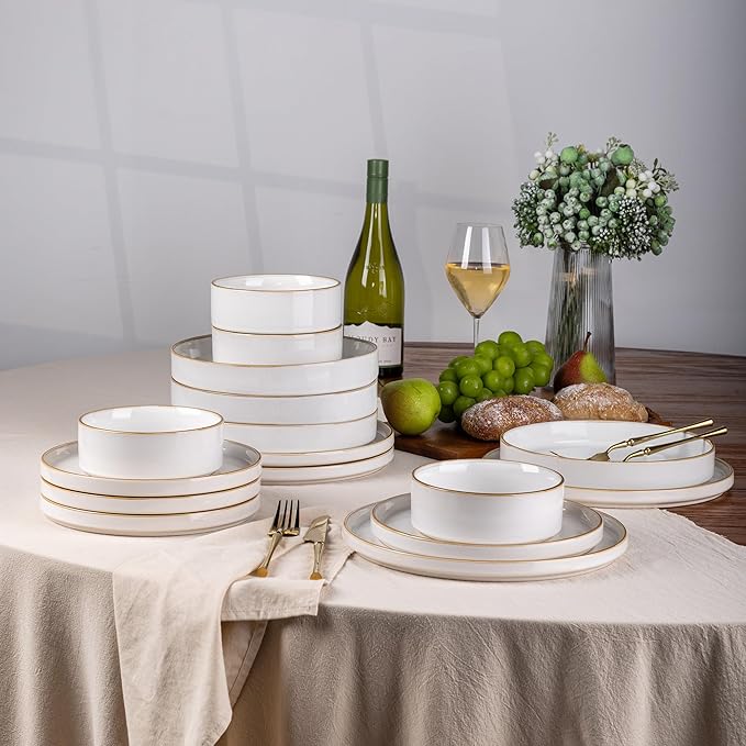 GBHOME Ceramic Dinnerware Sets for 4 12 Pieces Stoneware Plates and Bowls Sets Reactive Glaze Dishes -Scratch Resistant Dishwasher&ampMicrowave Safe-Pearl White
