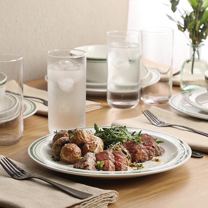 Gibson Home Hometown Diner 12-Piece Porcelain Dinnerware Set Round Plates and Bowls Set for 4 White with Green Rim Dishwasher Safe – Dinner Plate Salad Plate &amp Cereal Bowl