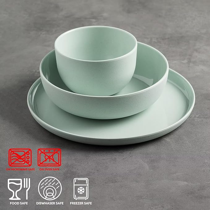 MissYIP 12 Pcs Wheat Straw Dinnerware Sets Unbreakable Reusable Kitchen Dinnerware Set Outdoor Camping Dishes BAP free Dishwasher SafeNot oven-safe or microwavable(Celadon)