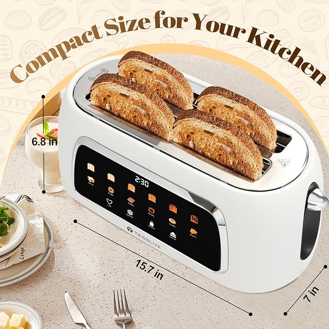 4 Slice Toaster with Touch Screen Control 1.5 Wide Long Slots 6 Browning Levels &amp 6 Bread Types Digital Timer Memory Defrost Reheat (WHITE)