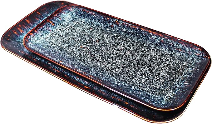 Porcelain Dinner Plates Platters Set of 2 for Fruit dessert snack platter Bread cupcake Salad - Microwave Dishwasher Safe Scratch Resistant durable Black Reactive glaze
