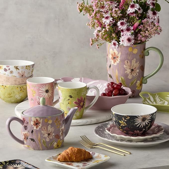 Wildflowers Ceramic 16-Piece DINNERWARE SET SERVICE for FOUR with Floral Watercolor Dinner Plates Salad Plates Mugs and Ice Cream Bowls Artistic Garden-Inspired Botanical Tableware