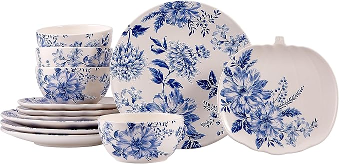 Bico Blue Floral Haven Ceramic 12 pcs Dinnerware Set Service for 4 Inclusive of 11 inch Dinner Plates 8.6 inch Salad Plates and 26oz Cereal Bowls for Party Microwave &amp Dishwasher Safe