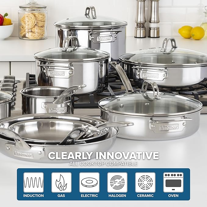 Viking 3-Ply Pots and Pans Set 17 Piece Stainless Steel Cookware Glass Lids Steamer Insert Silver