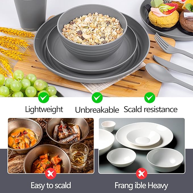 EI 42pcs Wheat Straw Dinnerware SetReusable Plastic Plates UnbreakableBig Bowl and Plate for KitchenPlates and Bowls Sets for College Dorm RoomCampingPicninc