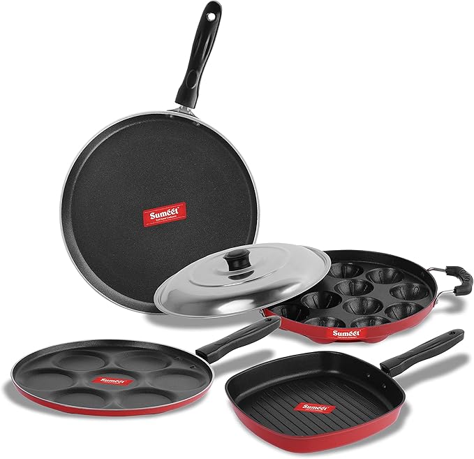 Sumeet 2.6mm Thick Non-Stick Sorrell Cookware set (Dosa Tawa – 26.5cm Dia + Multi snack maker – 26.5cm Dia + Grill Appam Patra With Lid – 23cm Dia + Grill Pan – 1.1Ltr Capacity – 22cm Dia)