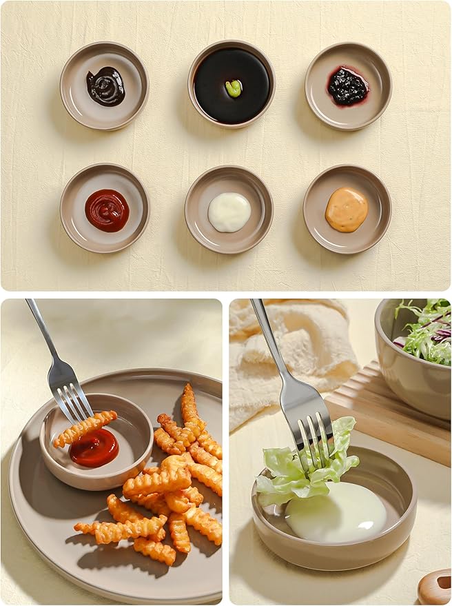 Famiware Nebula Plates and Bowls Set of 12 and Milkyway 4oz Dipping Bowls Set of 6 18 Pieces Dinnerware Sets Cinnamon Brown