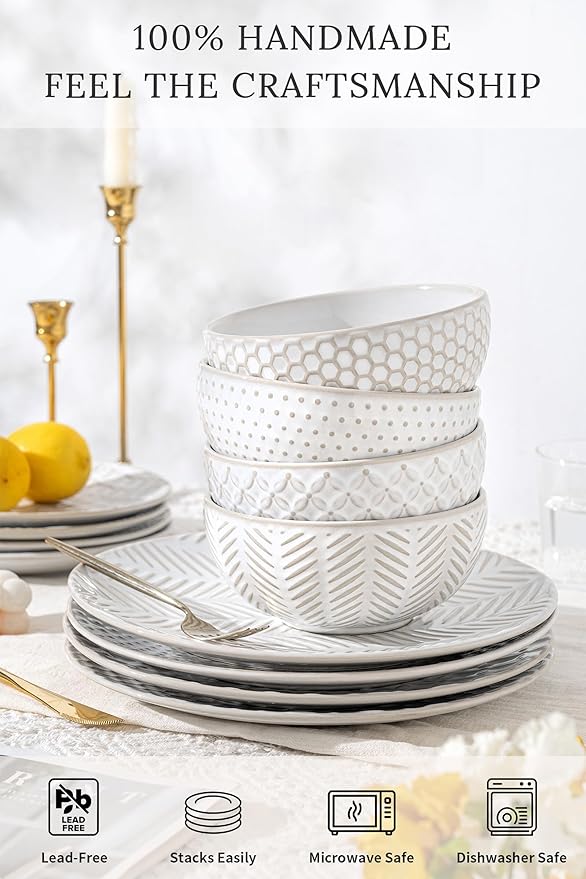 18 Piece Embossed Dinnerware Sets for 6 Scratch-Resistant Plates and Bowls Sets Microwave &amp Dishwasher Safe Elegant Stoneware for Family Gatherings – A Gift for Growing Households