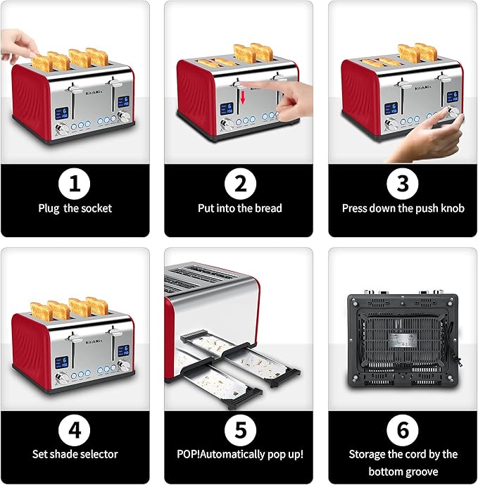 Toaster 4 Slice KitchMix Bagel Stainless Toaster with LCD Timer Extra Wide Slots Dual Screen Removal Crumb Tray (Red)