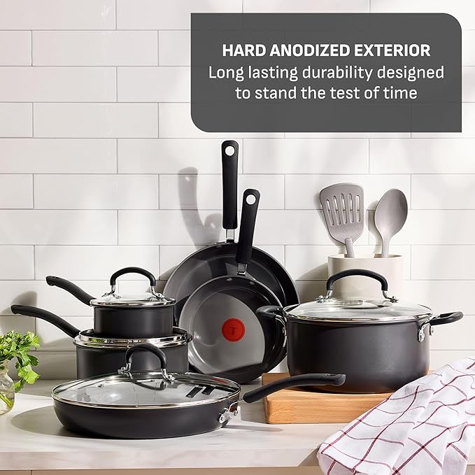 T-Fal Ultimate Hard Anodized 12-Piece Ceramic Nonstick Cookware Set Oven Safe Up to 400°F Ceramic Pots and Pans Set Frying Pans Saucepan Stockpot Cooking Utensils Grey